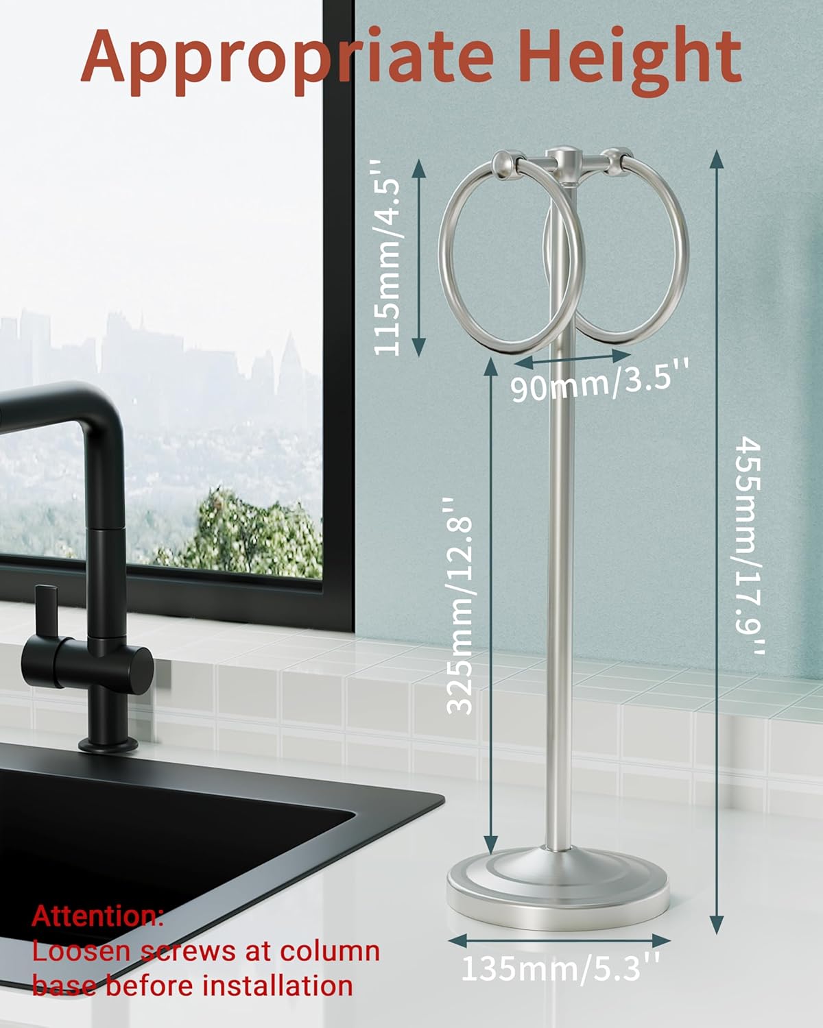 Hand Towel Holder Stand, SUS304 Stainless Steel Weighted Hand Towel Stand for Bathroom Kitchen Countertop Towel Stand with Double Stand Hand Towel Ring Total Height 18"(Nickel)