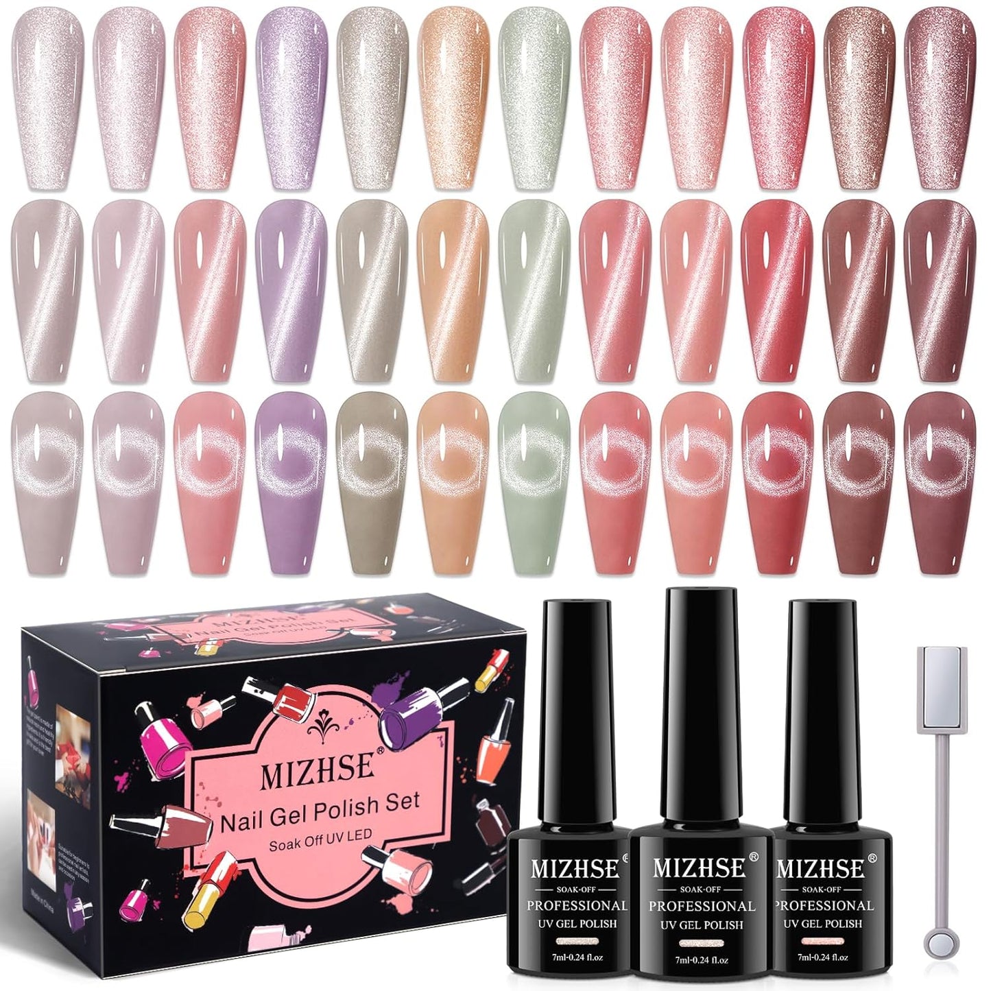 MIZHSE Cat Eye Gel Nail Polish, 12 Basic Colors Collection Glitter Magnetic Gel Polish Polish, Sparkle Shimmery Nude Pink Brown Soak Off Nail Art Manicure Kit Gift for Ladies