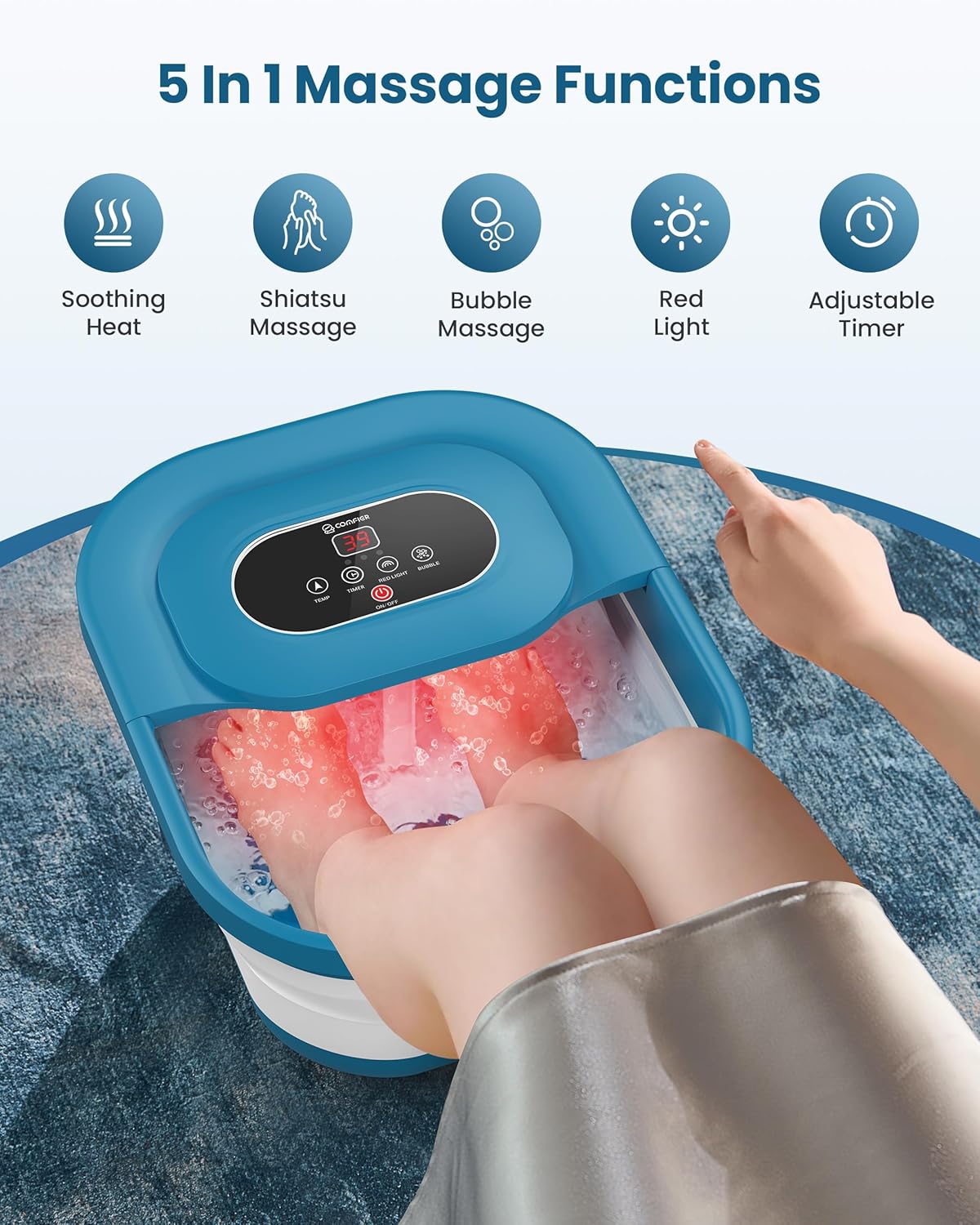 COMFIER Collapsible Foot Spa Bath Massager with Heat, Pedicure Foot Spa with Bubbles, Red Light, Pumice Stone and Shiatsu Massage Rollers, Heated Bath Spa for Relaxation and Stress Relief (Blue)