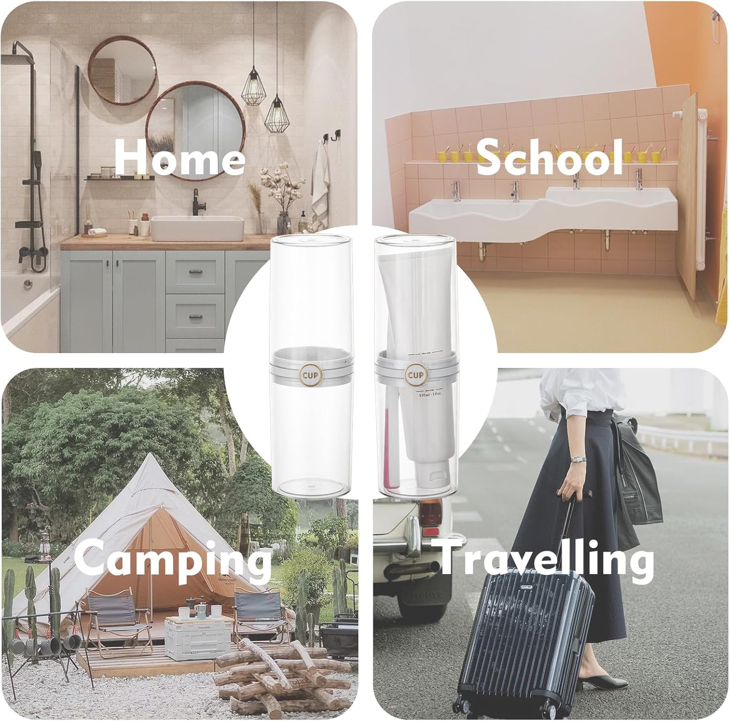 Yeeco Toothbrush Travel Case, 2 pcs Transparent Portable Toothbrush Cover with Mouthwash Cup, Plastic Cylindrical Tooth Brushing Holder for Home School Camping Travelling, 8.1 x 2.6 inches，Clear