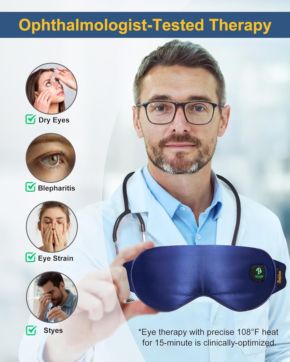 BeeVines Cordless Heated Eye Mask, Electric Heat Eye Masks for Dry Eyes, Light Blocking Warm Compress for Women Men, Rechargeable Eye Warmer with Travel Pouch & Washable Cover(Blue)