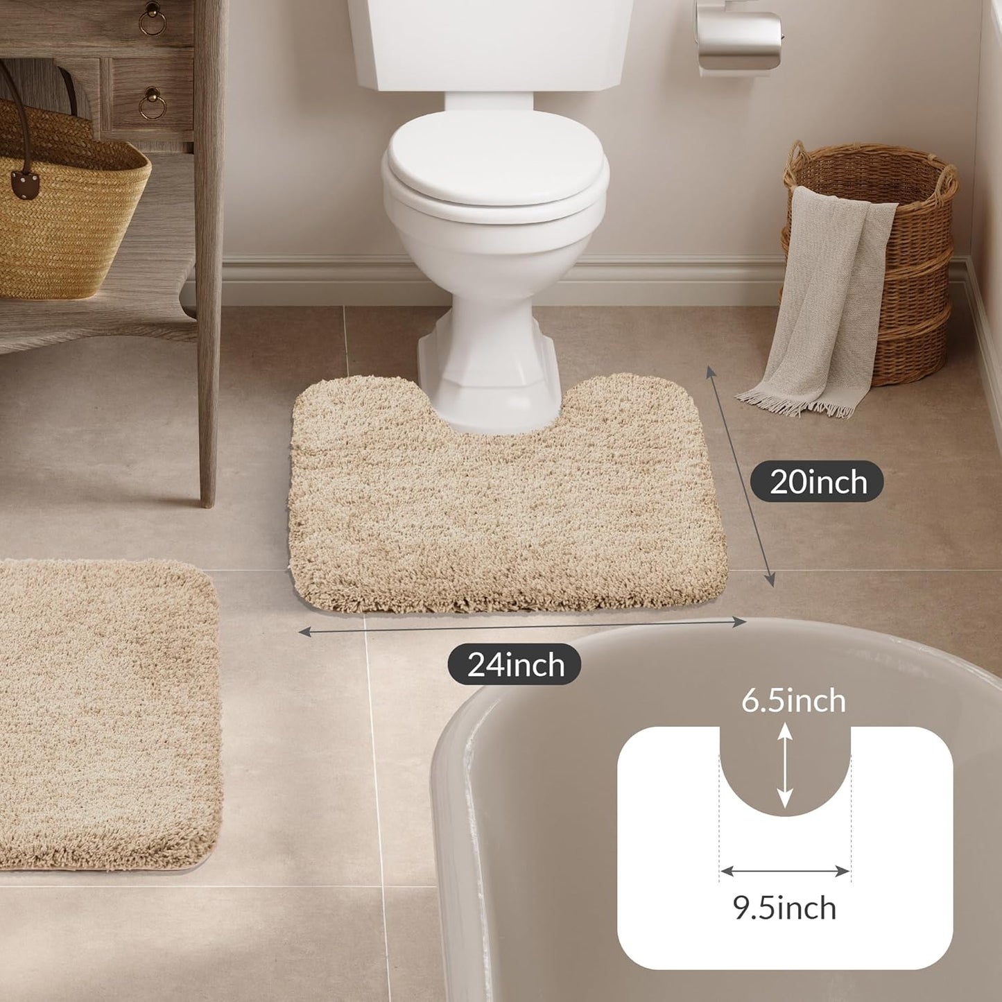 Walensee Bathroom Contour Rug (20x24, Beige) Non Slip Bath Mat Water Absorbent Soft Microfiber Shaggy Bathroom Mat Machine Washable Bath Rug U Shape Toilet Rug