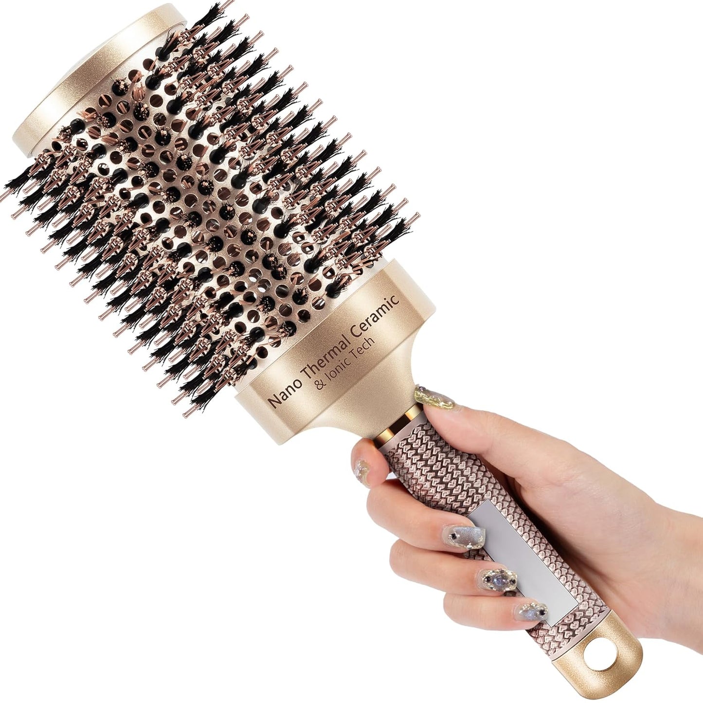 SIMPOR Large Round Brush for Blow Out, Nano Thermal Ceramic & Ionic Tech Round Barrel Hair Brush with Boar Bristles, Roller for Blow Drying (Gold, 4 inch, Barrel 2.7 Inch, 65mm)