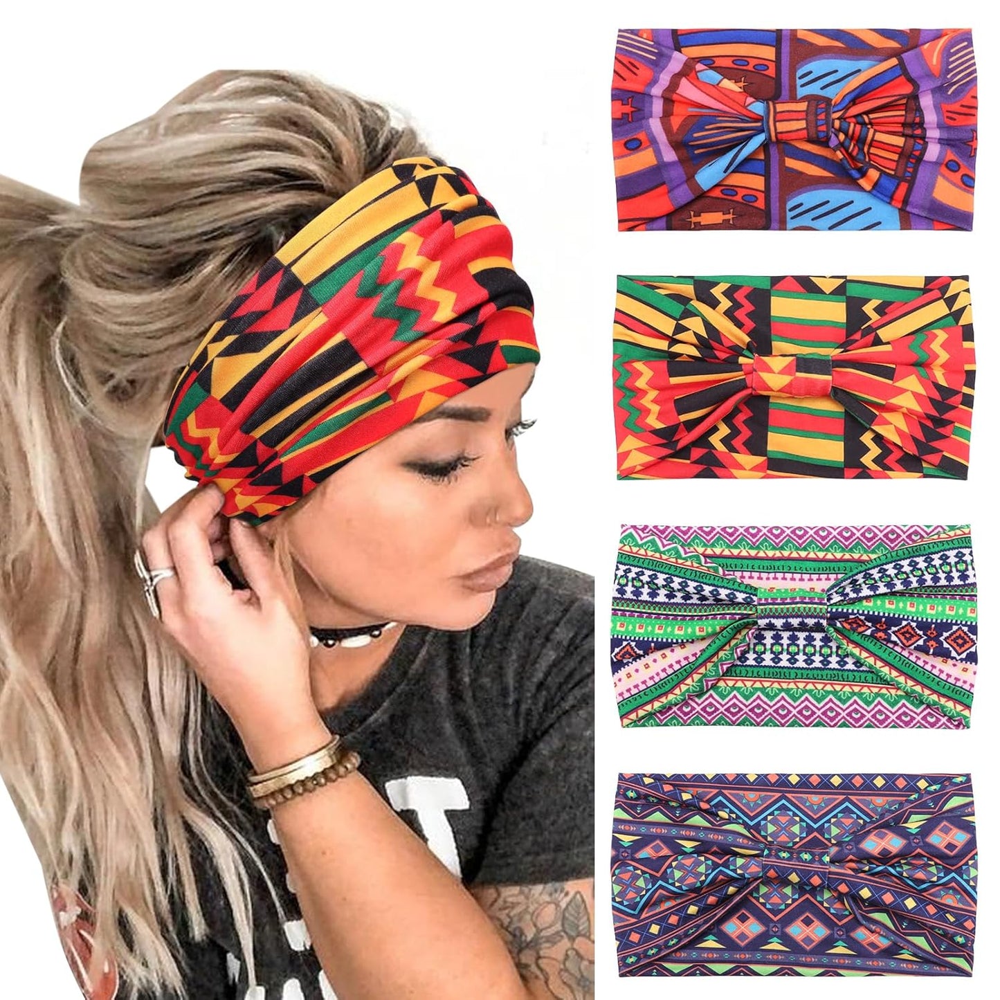 DRESHOW Wide Headbands for Women Knotted Turban HairBands Boho Head Bands for Women's Hair Non-Slip Yoga Workout Hair Accessories 4 Pack