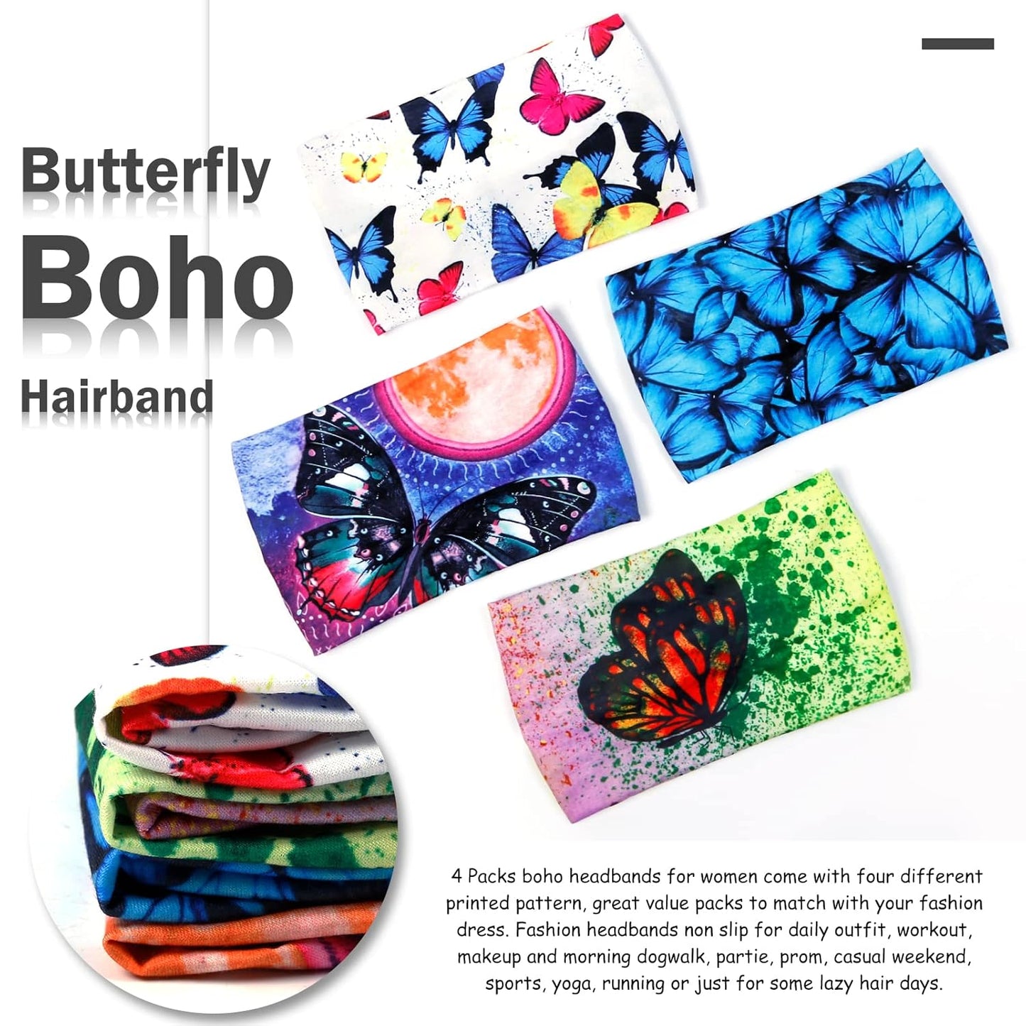 Butterfly Boho Headbands for Women Wide Headband Printed Head Wraps Thick Hairbands Large African Sport Yoga Turban Hair Bands Accessories (Pack of 4)