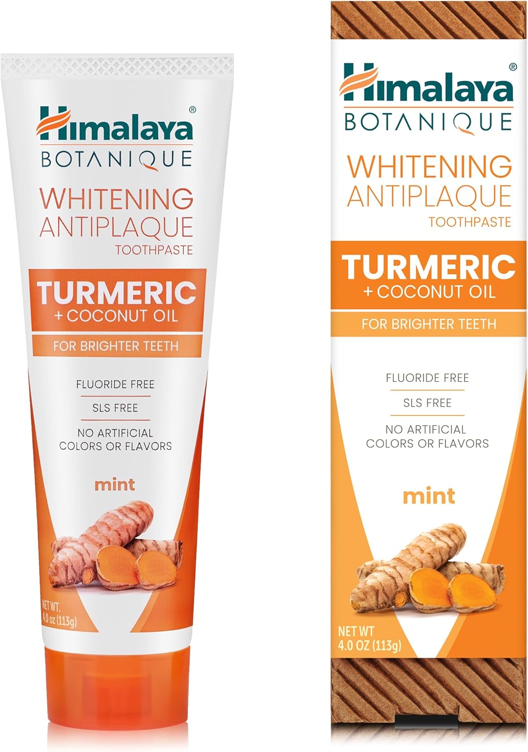 Himalaya Botanique Turmeric & Coconut Oil Whitening Antiplaque Herbal Toothpaste, Whitens Teeth, Fluoride Free, No Artificial Flavors, SLS Free, Vegan, Cruelty Free, Foaming, Mint Flavor, 4 Oz, 2 Pack