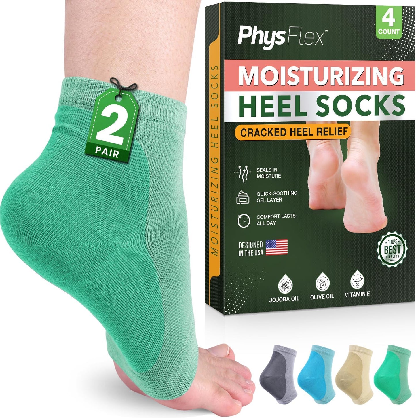 Moisturizing Heel Socks for Cracked Heels - Gel Socks for Dry Cracked Feet Repair - Silicone Socks for Women’s Foot Treatment & Overnight Hydration (Mint Green, 2-Pair)