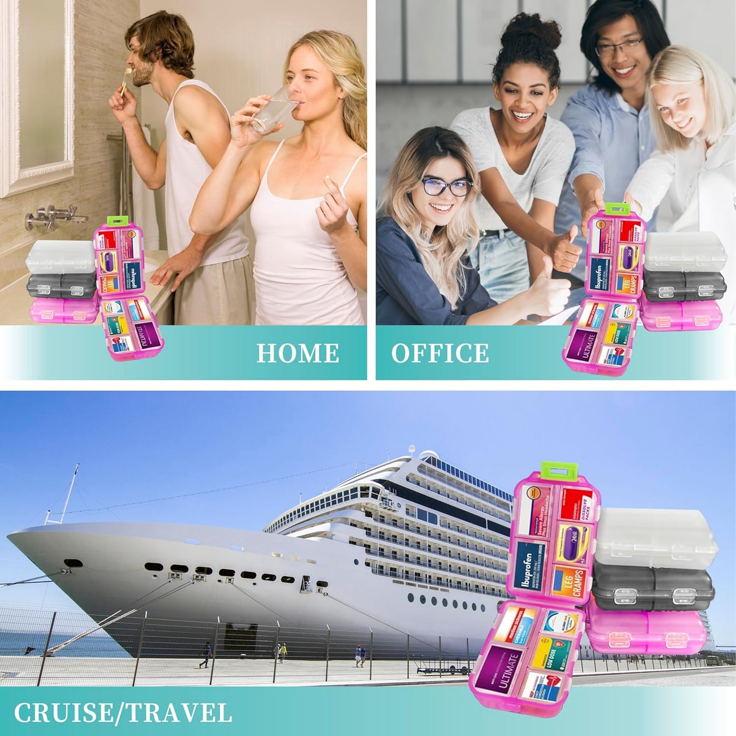 Large Pill Organizer with Medicine Labels, Travel Daily Pill Container, Mini Medication Organizer, 7-Day Pill Case, Set of 3 (Pink+White+Grey)