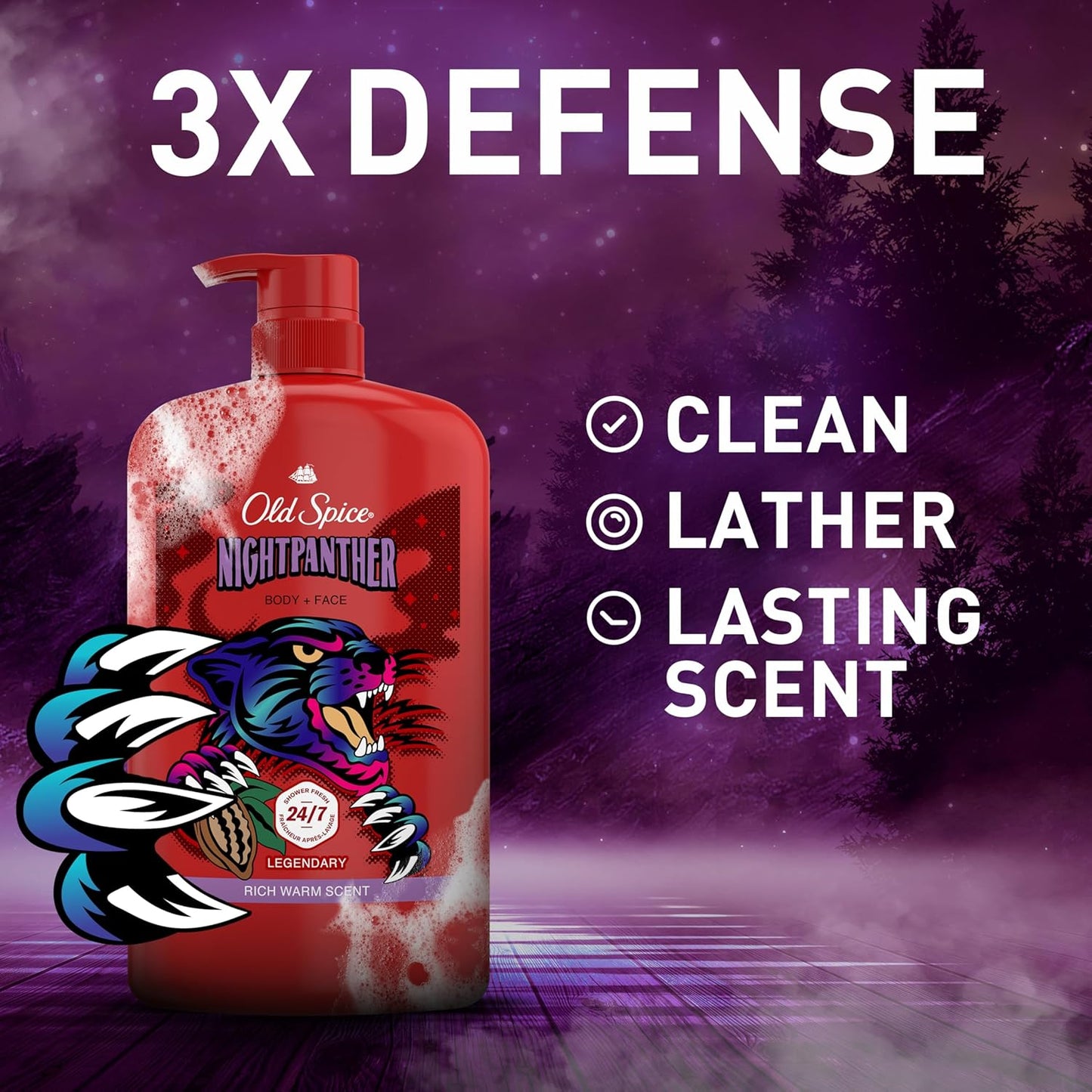 Old Spice Cleansing Body Wash for Men, 3X Defense, 24/7 Shower Fresh with Lasting Scent, 2-in-1 Body & Face Wash, NightPanther with Rich Warm Scent, 33.4 (Pack of 4)