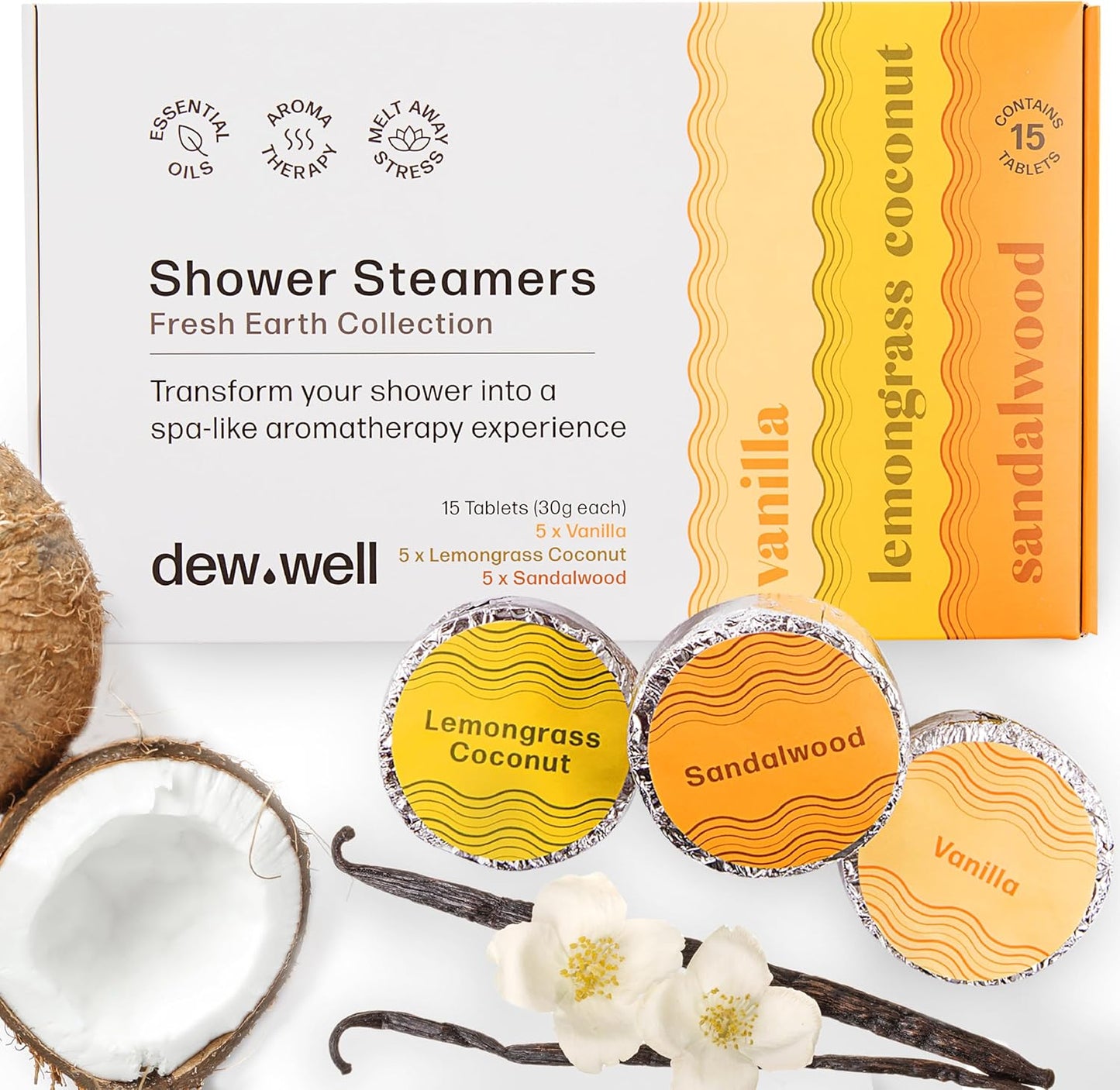 Dew Well - Shower Steamers Fresh Earth Collection - 15 Count Shower Bombs - Aromatherapy in Your Home - Helps Clear Congestion and Boost Mood - (Vanilla, Lemongrass Coconut, Sandalwood)