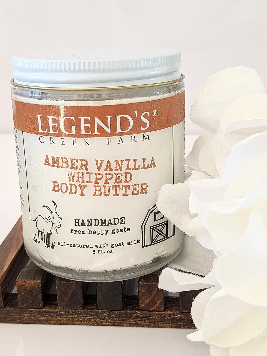 Legend's Creek Farm, Goat Milk Body Butter - Hydrating Natural Body Moisturizer with Organic Shea Butter & Grape Seed Oil - 8 Oz Purifying & Toning Whipped Body Butter (Amber Vanilla)