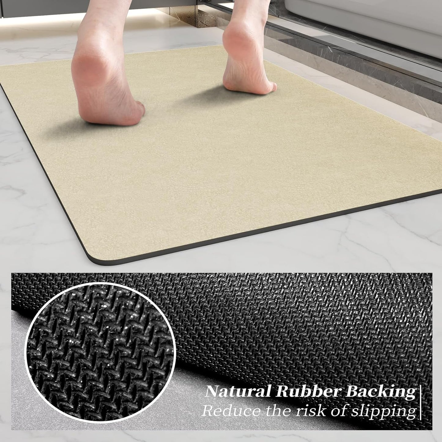 Quick Dry Super Absorbent Bathroom Mat Set 2 Piece - Diatomaceous Earth Bath Rug With Rubber Backing Non-Slip for Shower Floor, 47x17 + 24x17, Beige