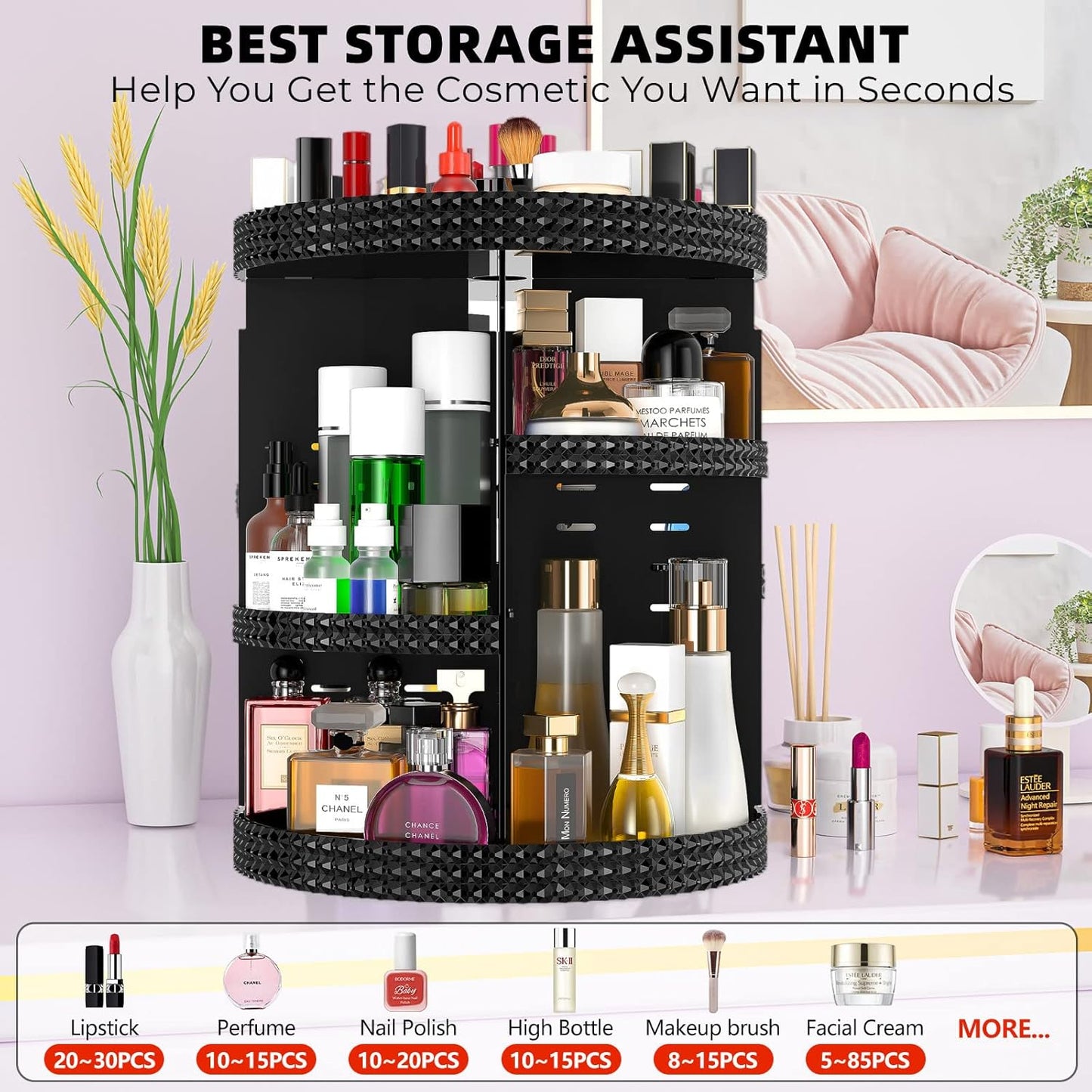 360 Degree Rotating Makeup Organizer for Vanity, Extra Large Capacity Beauty Organizer, Adjustable DIY 7 Layers Perfume Organizer, Skincare Organizers Fits AII Cosmetics and Accessories(Black)