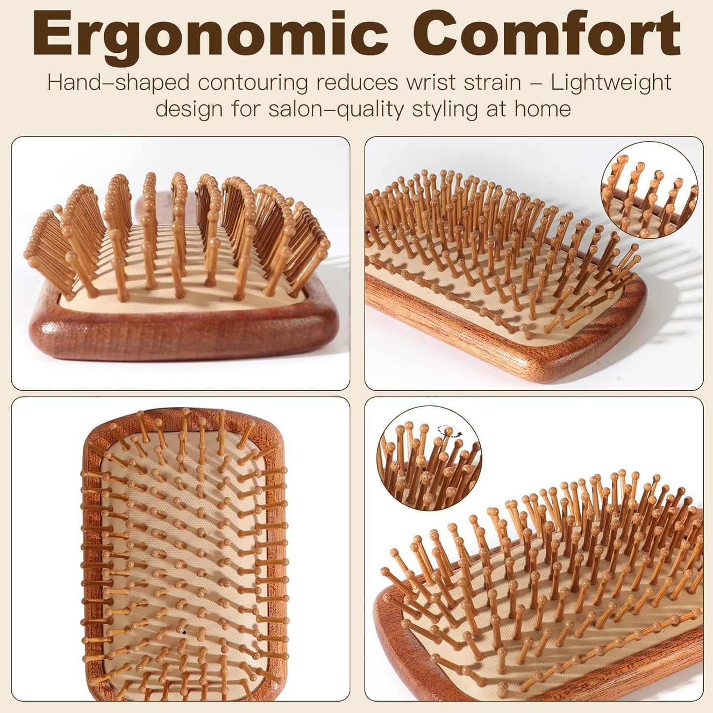 2-Piece Bamboo Hair Brush Set for Hair Growth (Oval & Square) - Natural Wooden Scalp Massage Brush with Bamboo Bristles,Detangling Hairbrush for Women,Men,All Hair Types - Ergonomic Handle