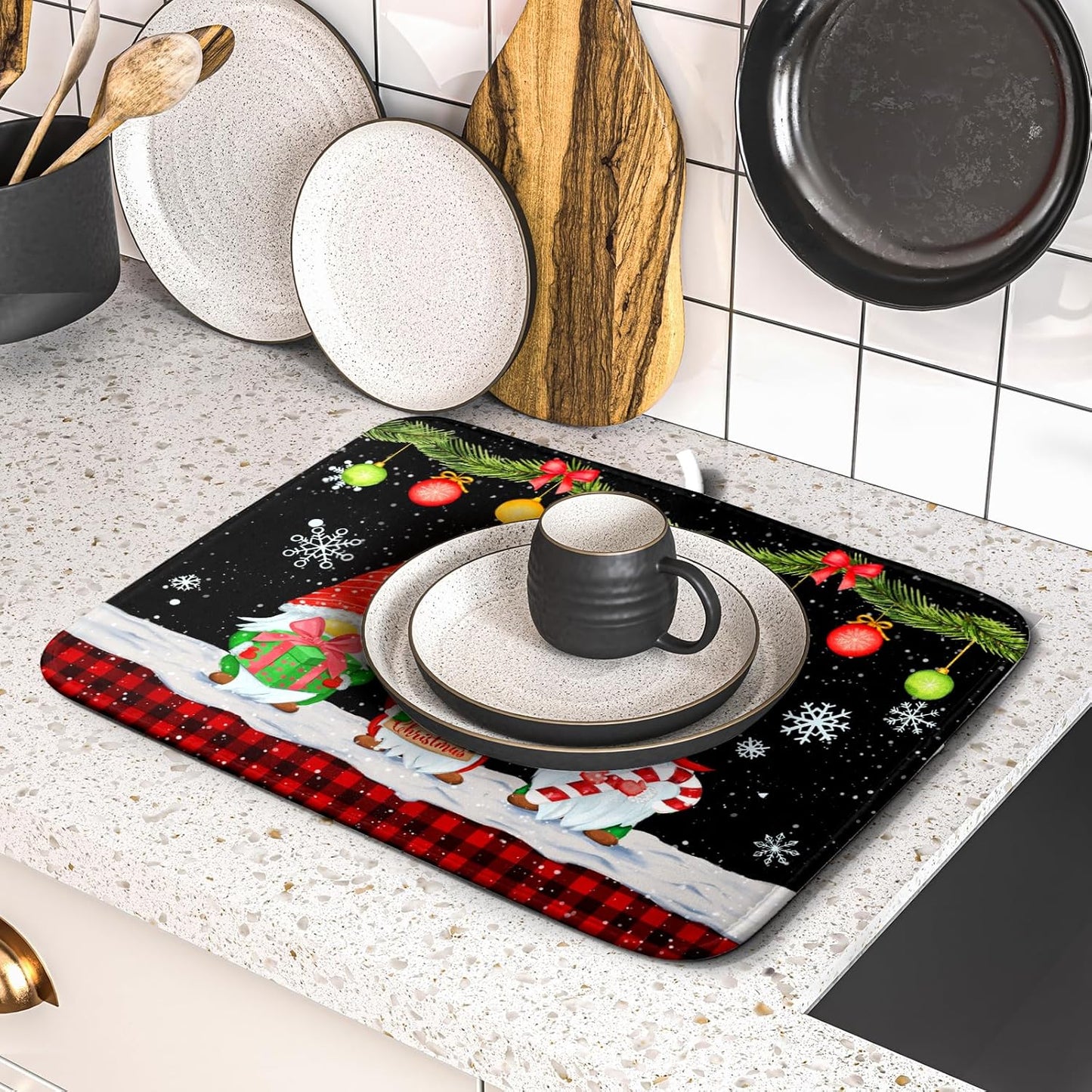 Merry Christmas Dish Drying Mat Black Gnomes Dish Drainer Mats 16x18 Inch Holiday Decorative Absorbent Dishes Pad for Kitchen Counter Sink