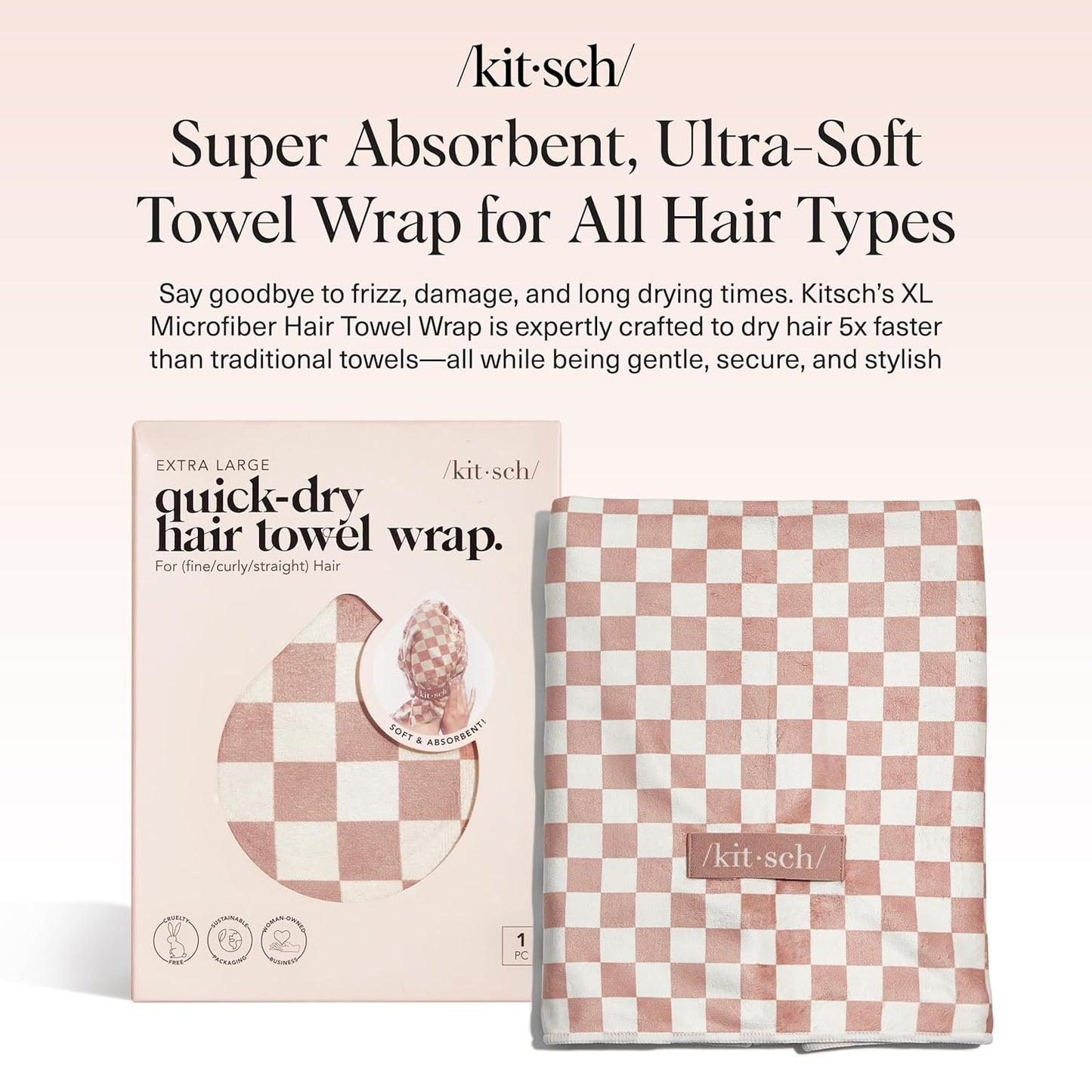 Kitsch XL Microfiber Hair Towel Wrap for Women – Ultra Absorbent Microfiber Towel for Wet, Curly, Long or Short Hair – Quick Dry, Anti-Frizz Hair Wrap – Terracotta Checkered, 40x24 inches