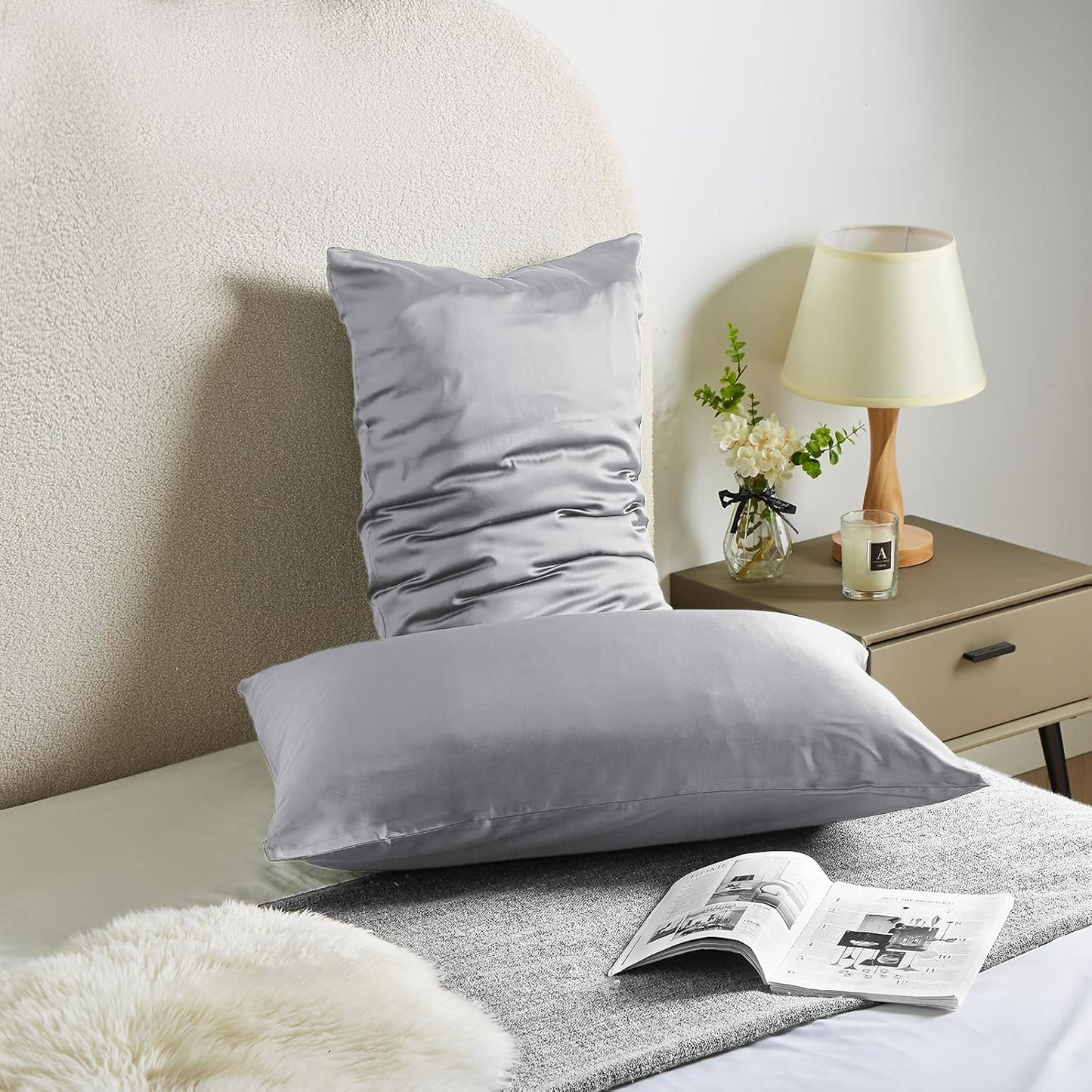 Silk Pillow Cases 2 Pack Mulberry Silk Pillow Cases Soft Breathable Both Sided Natural Silk Pillowcase with Zipper Beauty Sleep Silk Pillow Cases for Gift(Queen,Silver Gray)