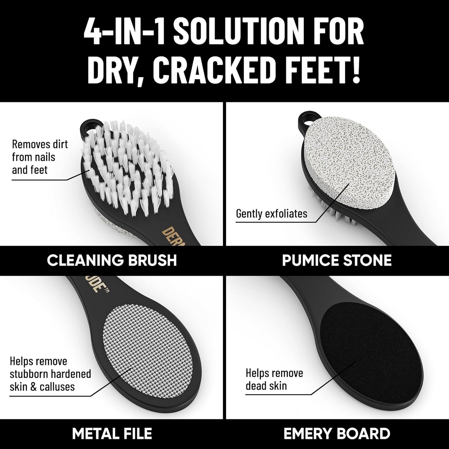 Derm Dude 4-in-1 Foot Scrubber & Heel Repair Tool | Foot File Callus Remover for Feet | Pedicure Tool with Metal File, Pumice Stone, Emery Board & Cleaning Brush to Soften & Smooth Rough, Dry Feet