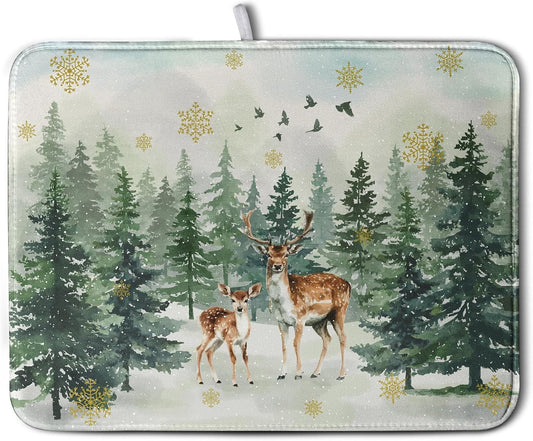 Reindeer Tree Snowflakes Christmas Dish Drying Mats for Kitchen Counter 18x24 Inch Winter Forest Dish Drainer Mats Absorbent Reversible Dish Draining Microfiber Dishes Drying Pad