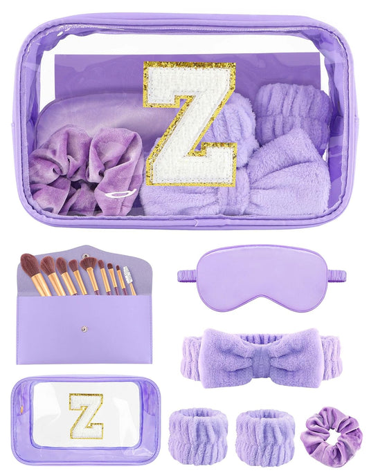 Gift Sets for Women, Initial Makeup Bag with Makeup Brush Set Bachelorette Party Favors, Purple Spa Kit with Skincare Headbands Wrist Bands Sleepover Party Supplies Gifts for Teen Girls Bridesmaid Z