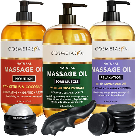 Cosmetasa Massage Oil Spa Gift Set for Women – Relaxing Lavender, Warming Arnica & Nourishing Citrus & Coconut Oils – Includes Roller Ball, Thumb Saver & Hot Stones – Self Care Kit & Body Massage Oils