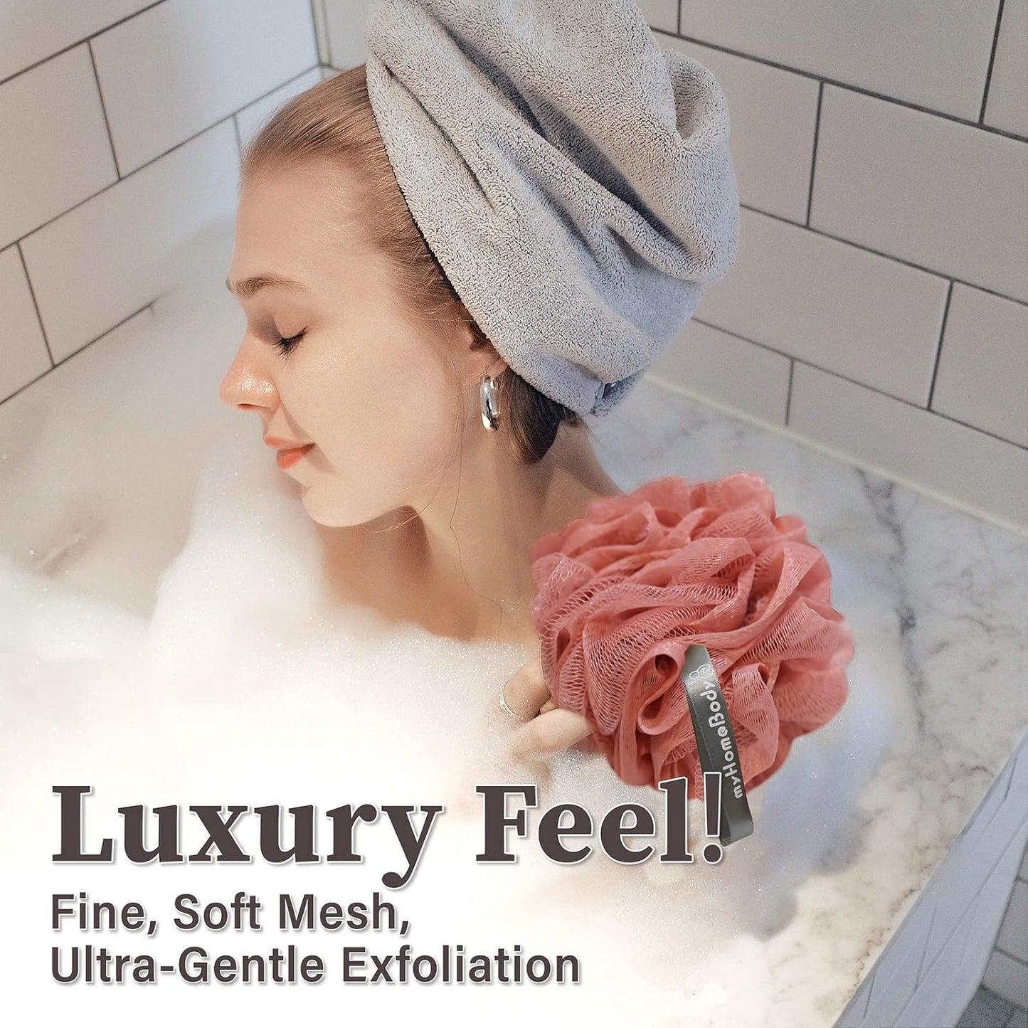 myHomeBody 60g Loofah Sponge, Body Scrubber, Bath Sponge, Loofah for Women, Men, Exfoliating Sponge Shower Pouf with Activated Charcoal - 2 Peach + 1 Coral Red, 3 Pack