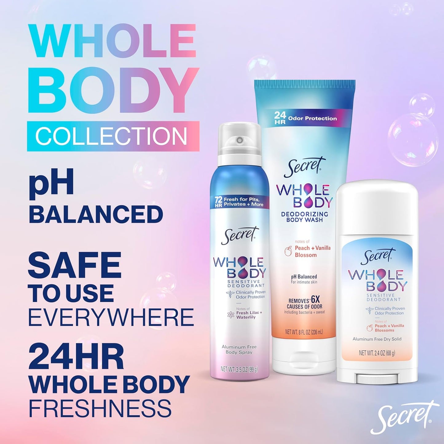 Secret Whole Body Feminine Wash + Deodorant Spray Bundle for Women, Peach + Vanilla Blossom Scent, Aluminum Free, Odor Protection, 8.0 oz & 3.5 oz (Pack of 2)