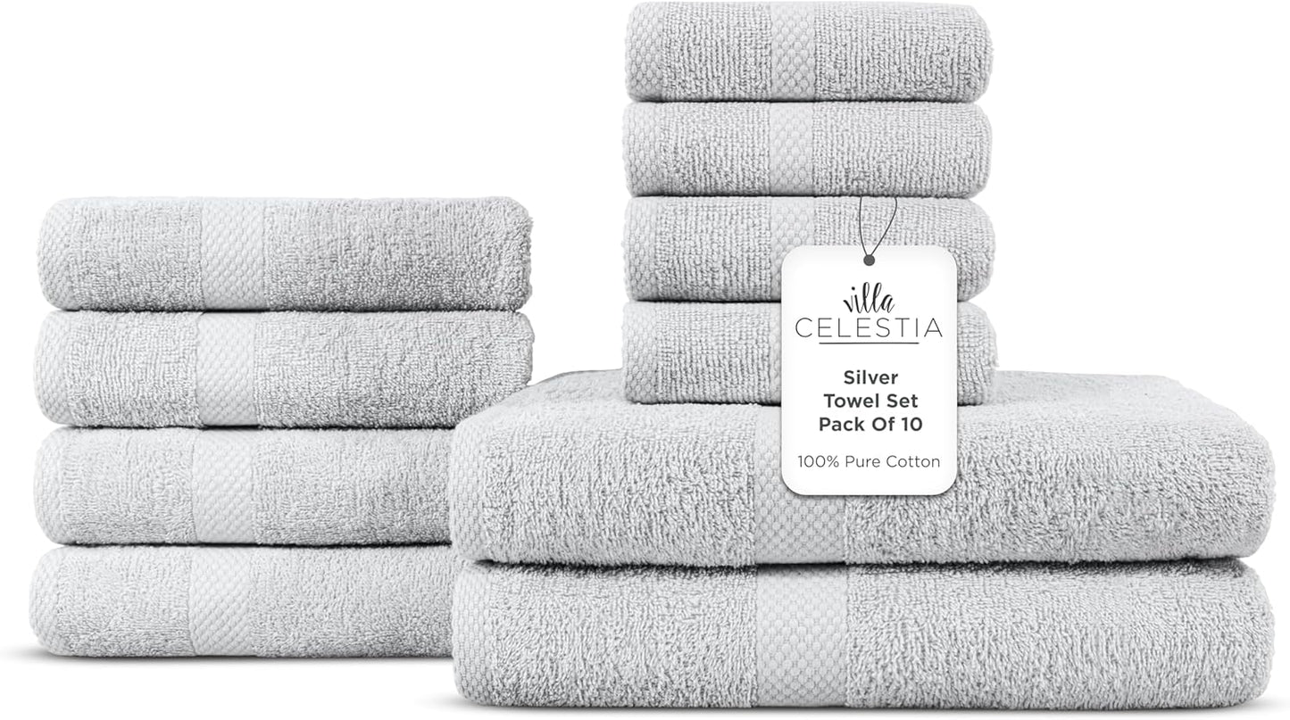 100% Cotton Bath Towel Set of 10-2 Bath Towels, 4 Hand Towels, 4 Wash Cloths, Sustainable, Soft, Highly Absorbent, Combed Cotton 10 Piece Set for Hotels, Spa, Bathroom, Dorm, Silver