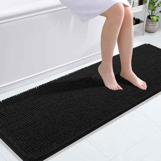 OLANLY Bathroom Rugs 59x20, Extra Soft Absorbent Chenille Bath Rugs, Rubber Backing Quick Dry, Machine Washable Bath Mats for Bathroom Floor, Tub and Shower, Home Decor Accessories, Black