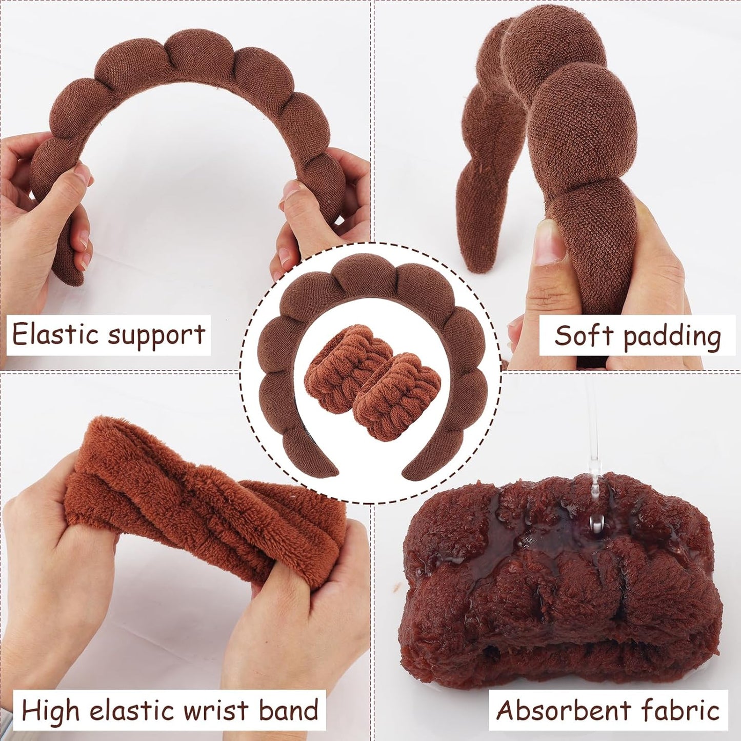 Zkptops Spa Headband for Washing Face Wristband Set Sponge Makeup Skincare Terry Cloth Bubble Soft Get Ready Hairband for Women Girl Puffy Padded Headwear Non Slip Thick Hair Accessory(Dark Brown)