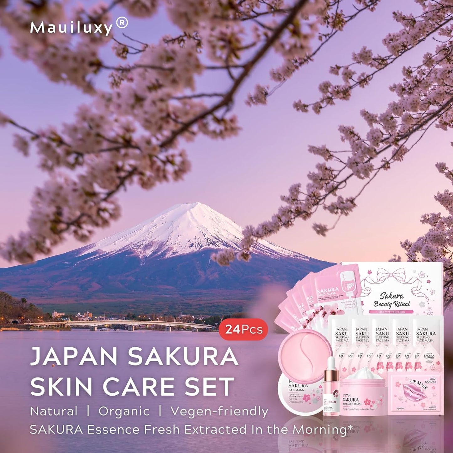 24-IN-1 Sakura Skin Care Set for Teen Girls Gifts - Skincare for Girls 10-12 Cleansing & Moisturizing, Skin Care for Kids Age 8-12, Facial Kit Gift Set for Women Day & Overnight Care