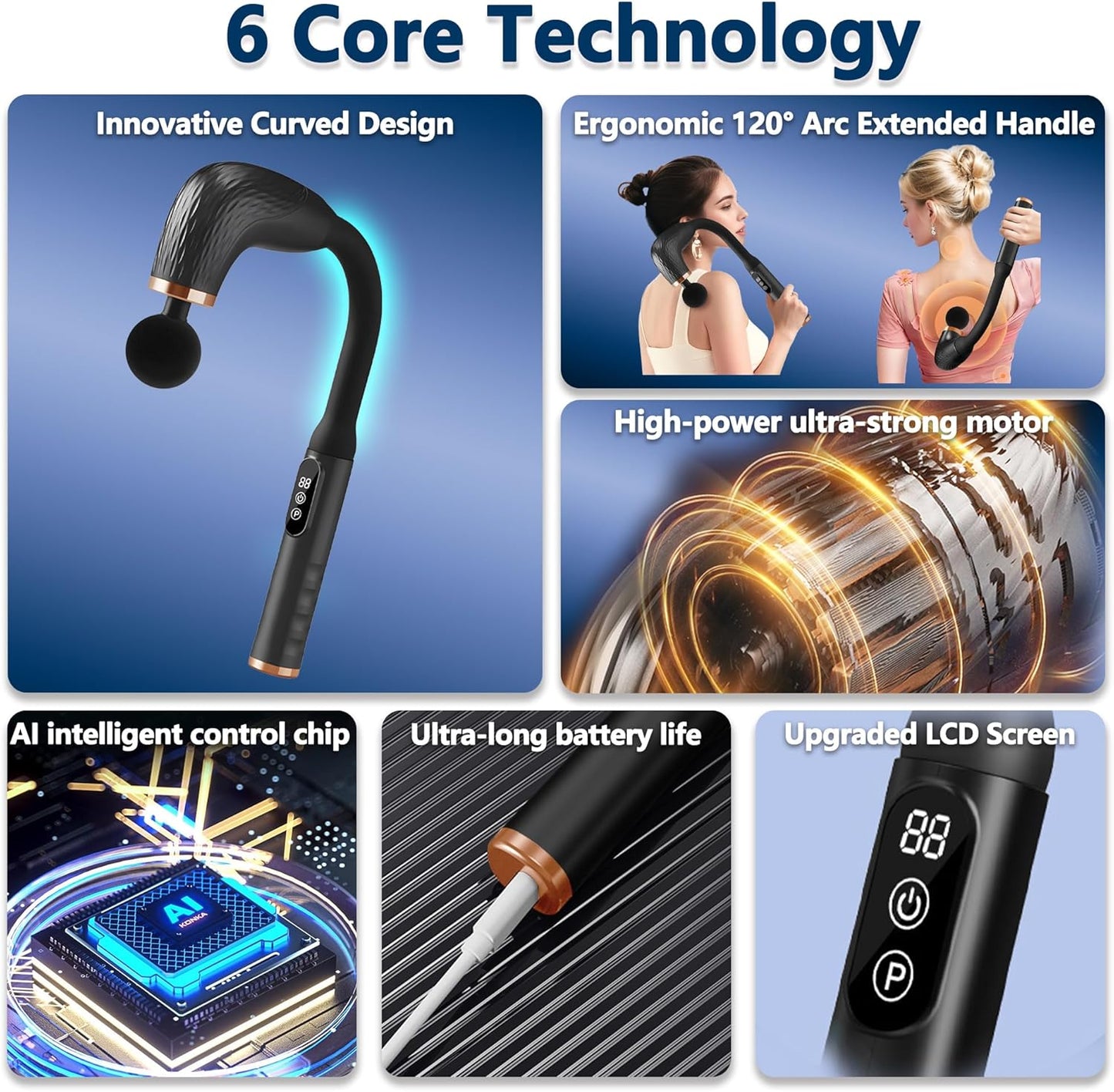 Massage Gun with Upgraded Extension Handle, Back Massager for Pain Relief Deep Tissue, Muscles/Neck/Shoulders/Waist/Legs Massager with 4 Massage Heads & 6 Speed Levels & 3 Massage Modes