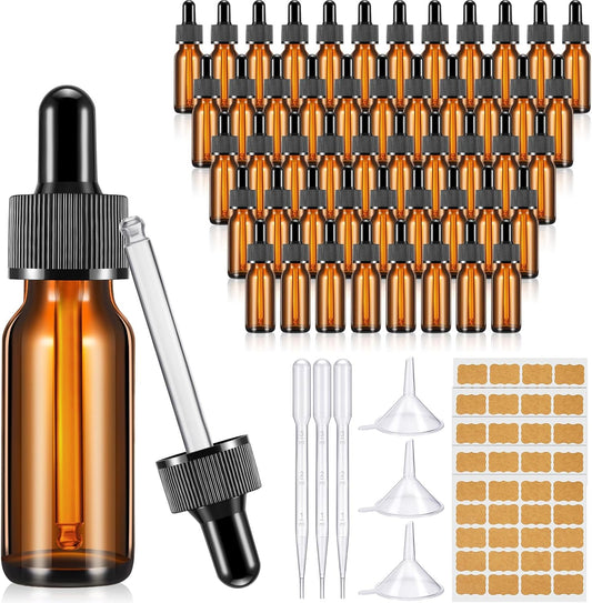Lallisa 100 Pack Essential Oil Dropper Bottle 15 ml (1/2 oz) Glass Dropper Bottles DIY for DIY Essential Oil Perfume with 5 Funnels 5 Pipettes 3ml 100 Labels for Bathrooms, Hotels, Labs (Amber)