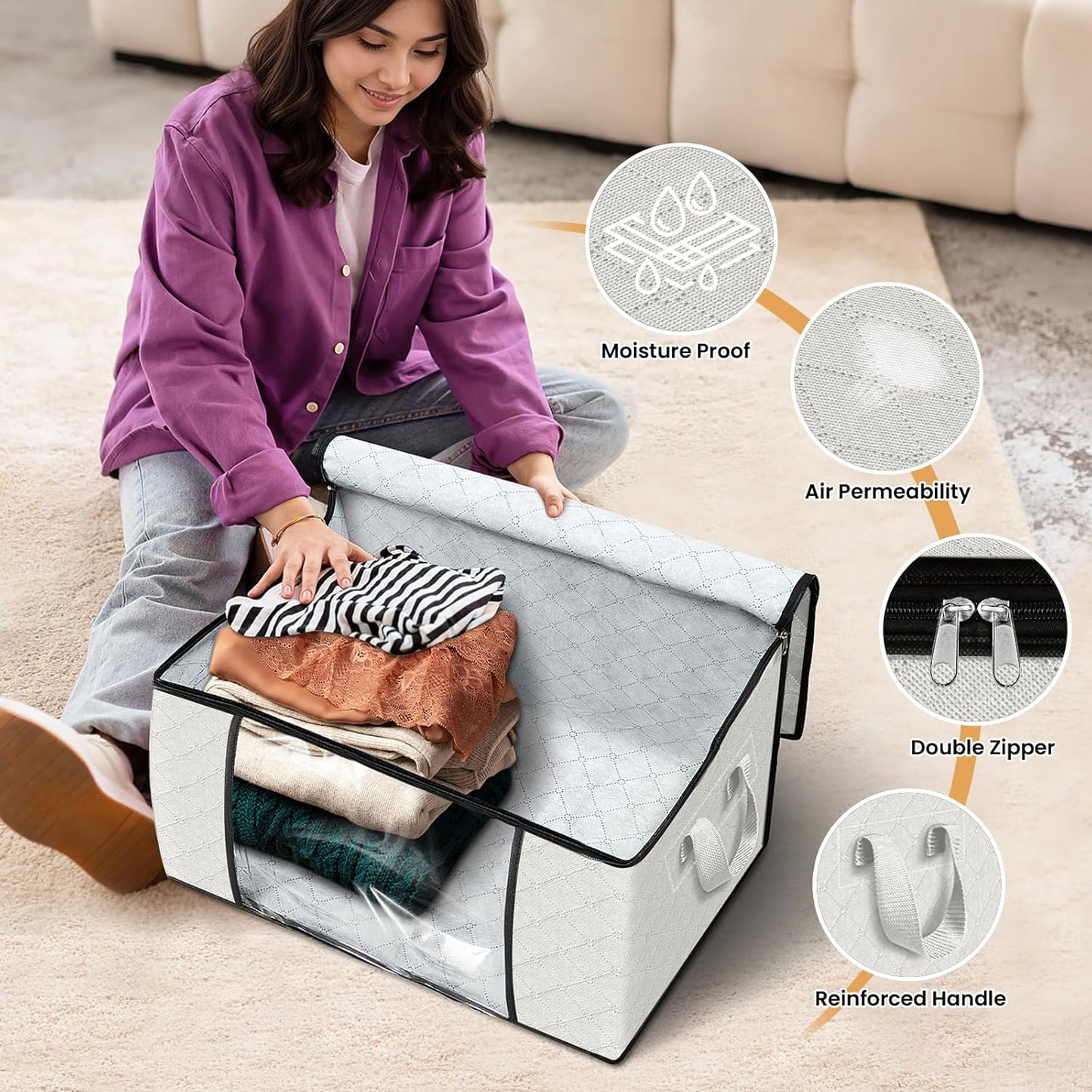 Fab totes 6 Pack Clothes Storage, Foldable Thick Fabric Blanket Storage Bags, Containers for Organizing Bedroom, Closet, Clothing, Comforter, Organization with Handle,Ivory White