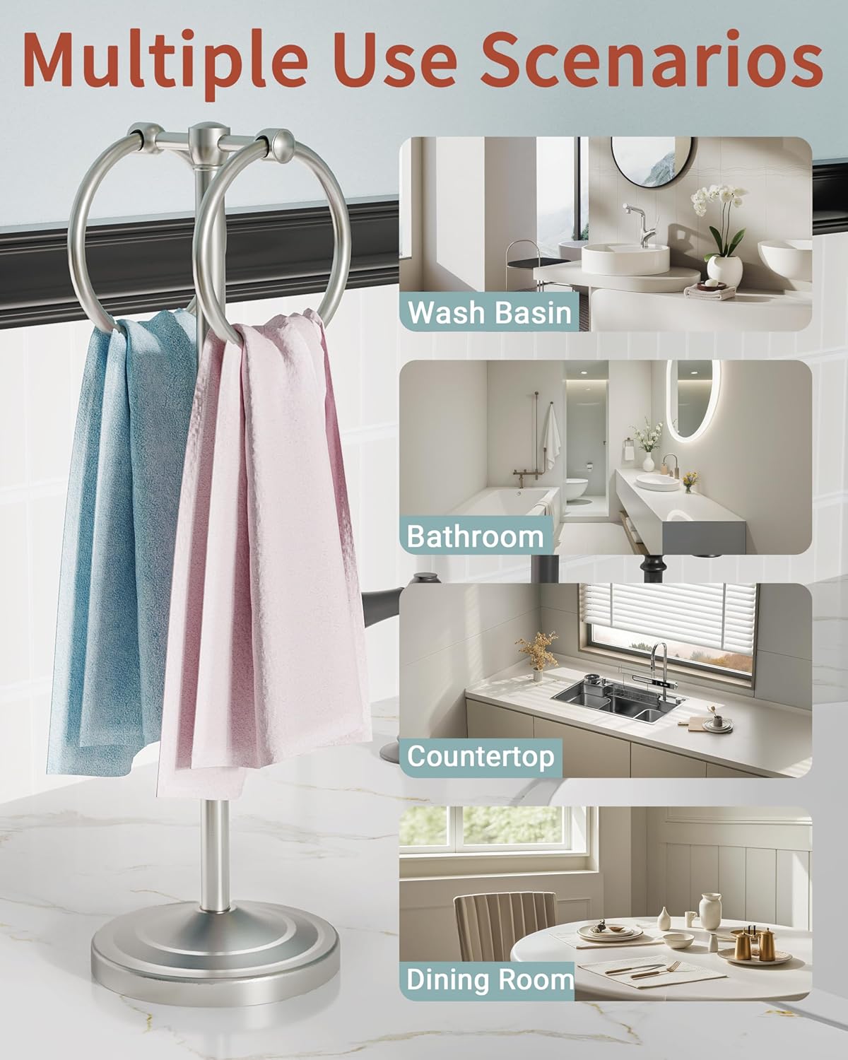 Hand Towel Holder Stand, SUS304 Stainless Steel Weighted Hand Towel Stand for Bathroom Kitchen Countertop Towel Stand with Double Stand Hand Towel Ring Total Height 18"(Nickel)