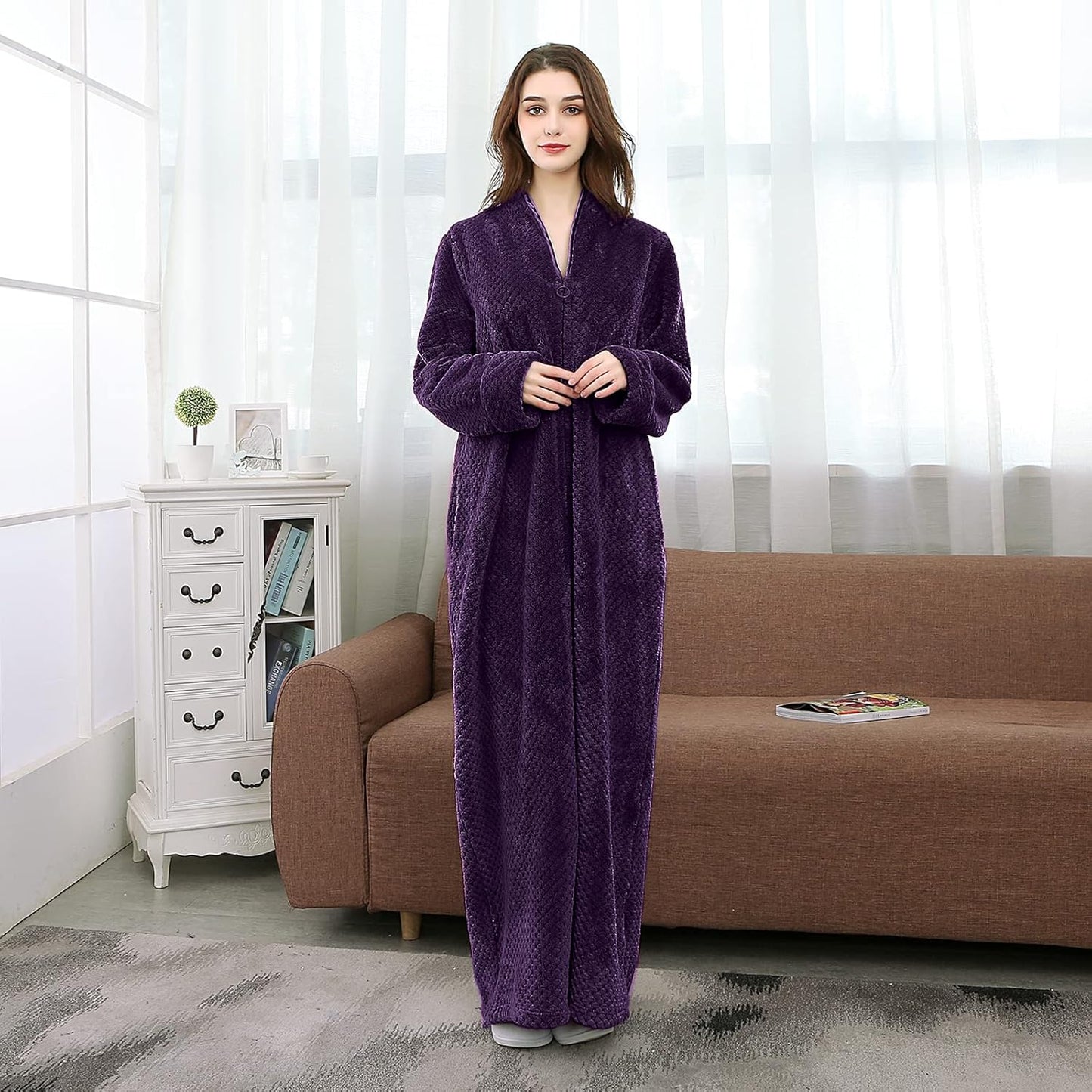 Artfasion Womens Fleece Robe Plush Long Zip Front Bathrobe with Pockets Warm Soft Zippered Bathrobes for Women