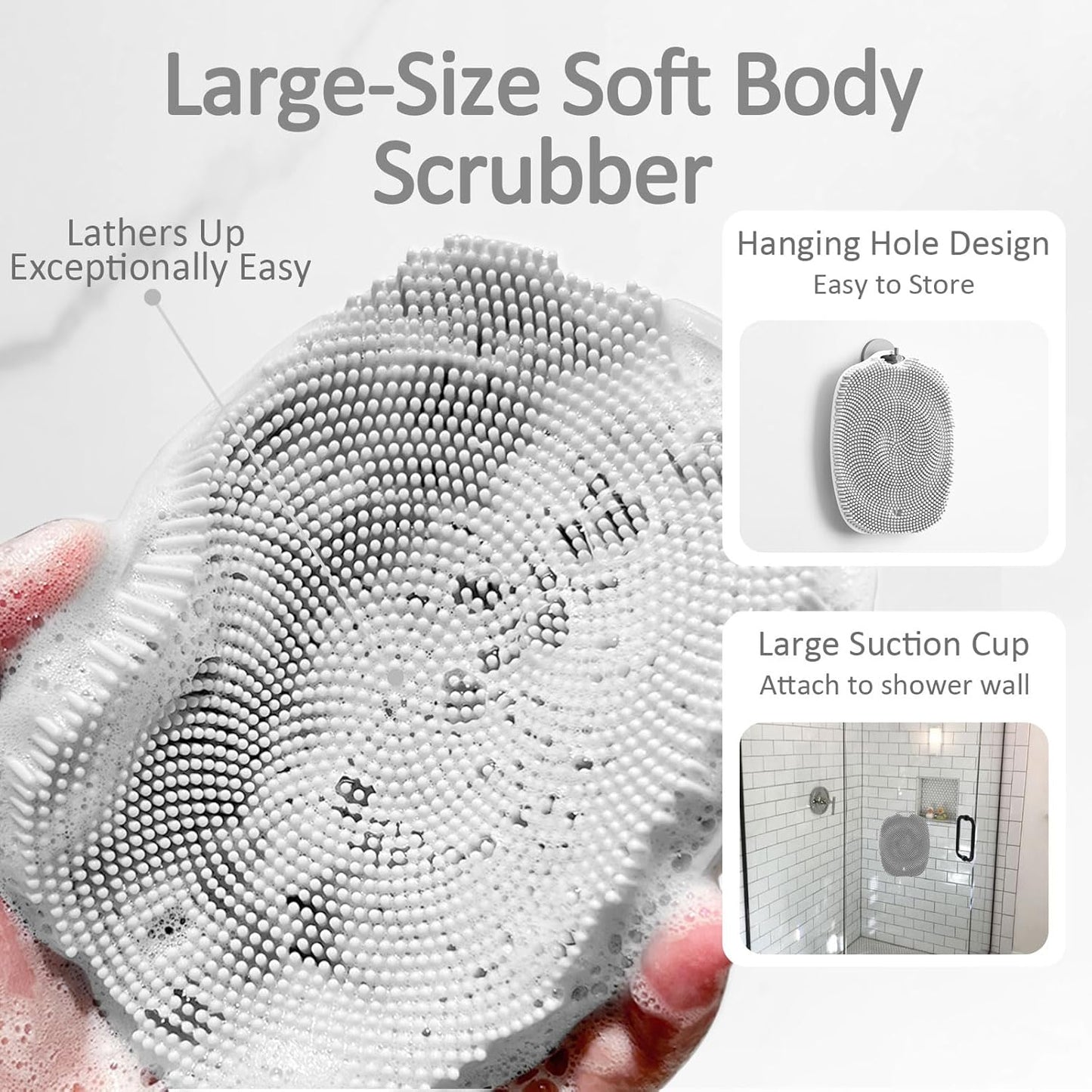 Soft Silicone Body Scrubber, Gentle Like a Hand Exfoliating Your Skin and Build Up Lather Easily, Back Large Suction Cup Easy to Store, Long-Lasting & Deep Clean (Gray)
