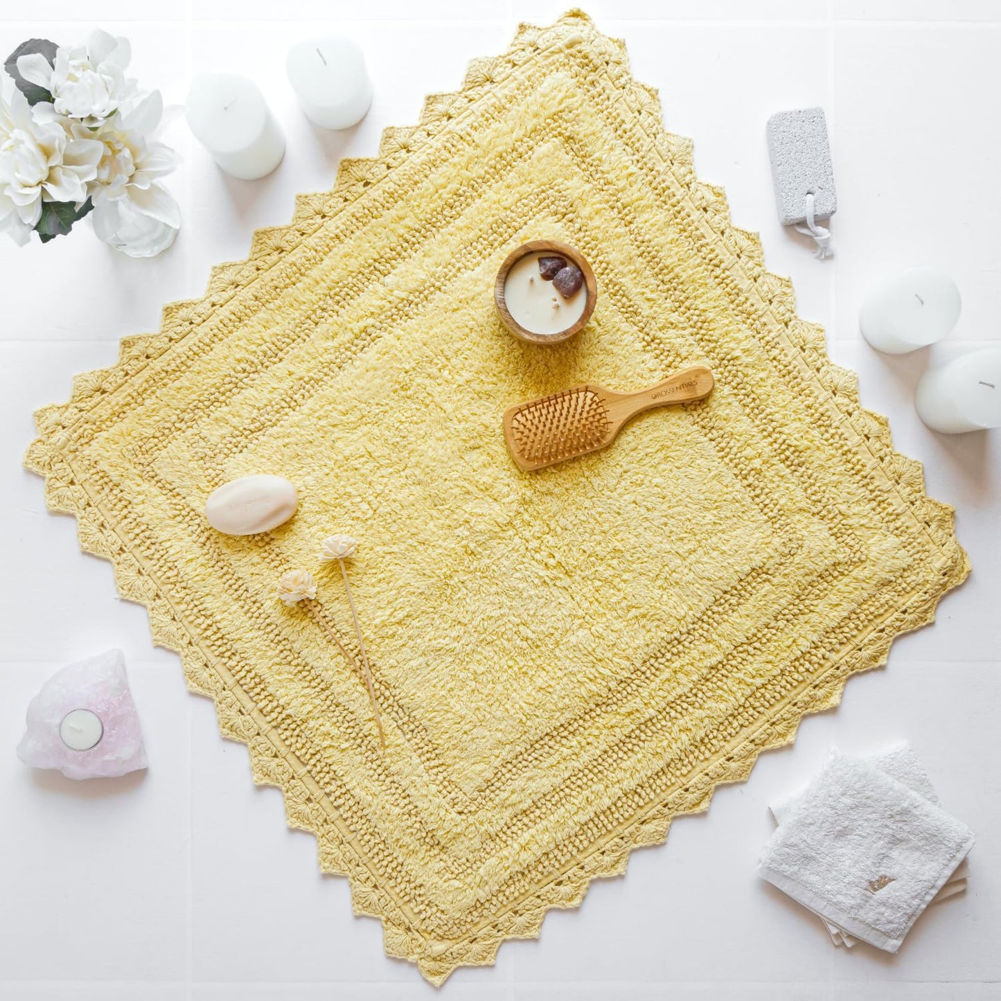 RAJRANG Pale Banana Crochet Cotton Bath Rug - 24 Inches Soft Absorbent Square Bath Mat for Bathroom Farmhouse Hotel Restaurant