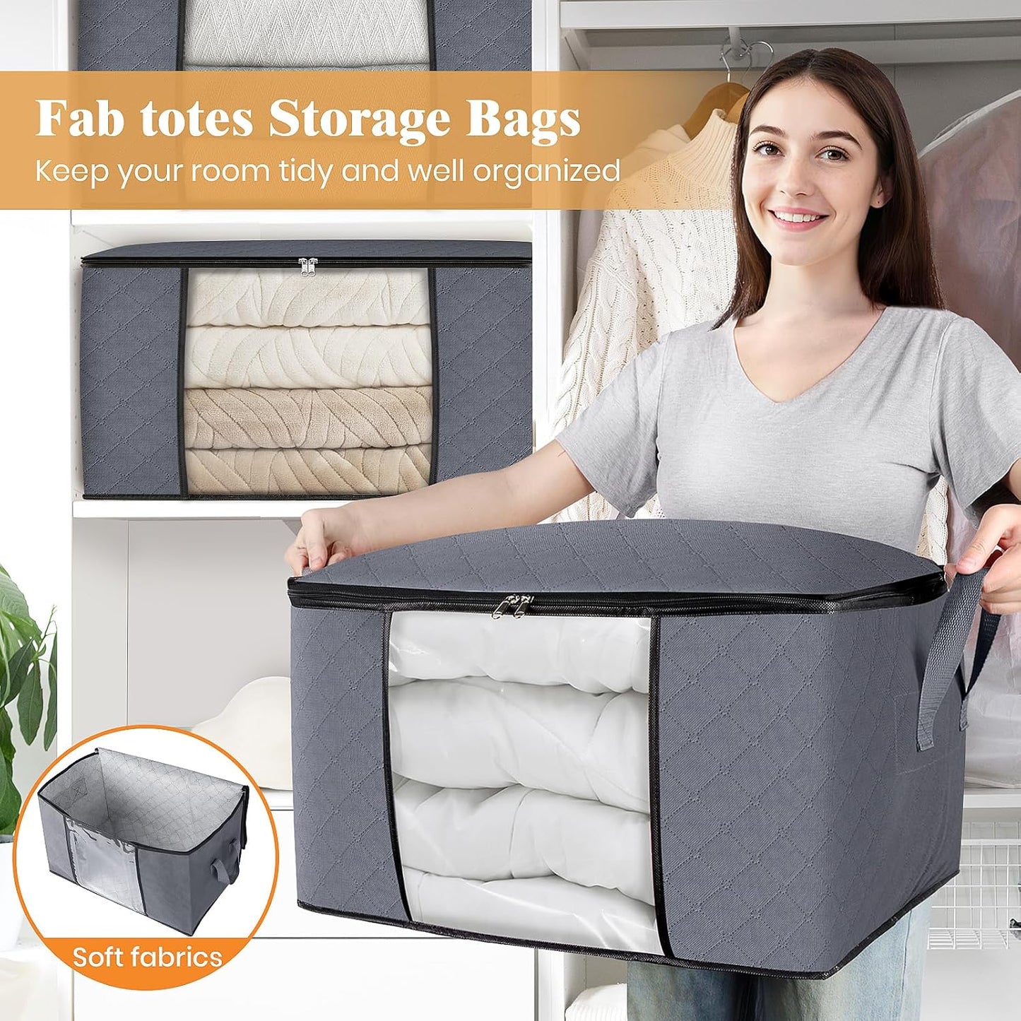 Fab totes 8 Pack Clothes Storage, Foldable Thick Fabric Blanket Storage Bags, Containers for Organizing Bedroom, Closet, Clothing, Comforter,Closet Organization with Handle,Grey