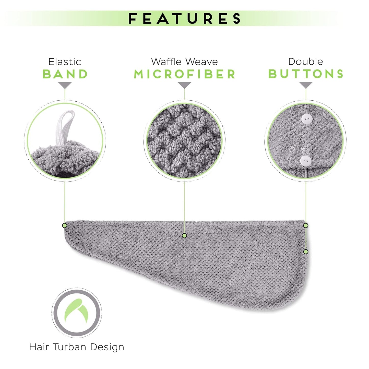 2 Pack Microfiber Hair Towel Wrap for Women, Anti Frizz Quick Drying Hair Turban for All Hair Style, Absorbent and Lightweight (Grey)