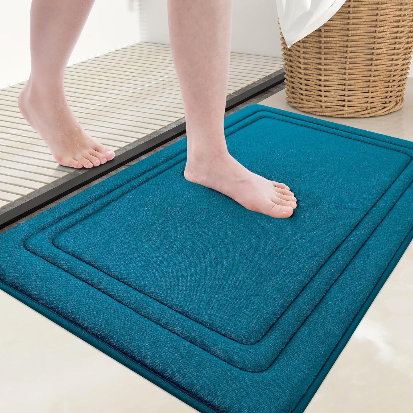 Grandaily Memory Foam Bath Mat Rug 24x16, Ultra Soft, Non-Slip and Absorbent Bathroom Rugs, Machine Wash Dry, Comfortable Bath Carpet for Bathroom Floor, Tub and Shower, Peacock Blue