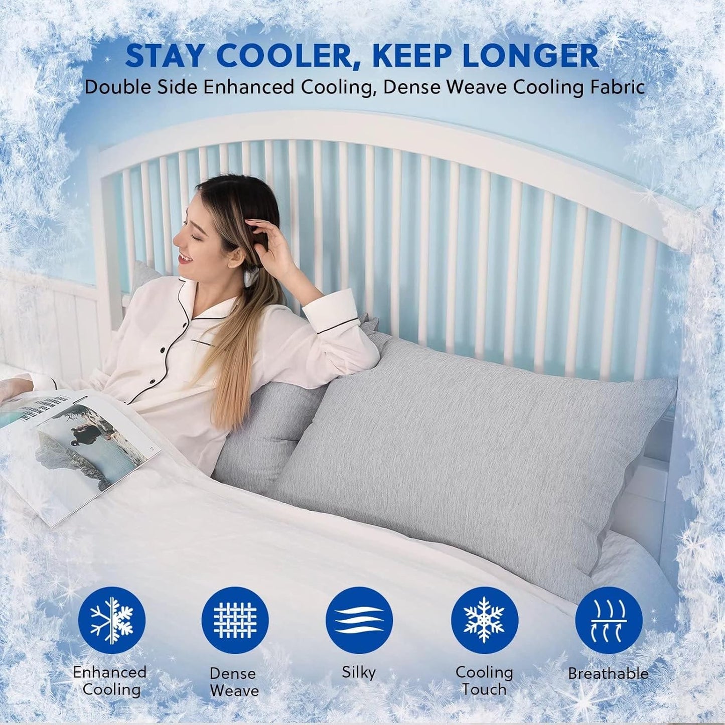 HOMFINE Cooling Pillowcases Standard Size - Double Side Q-Max 0.439 Cooling Fiber for Pillow Protector, Breathable Cold Pillow Cover for Hot Sleeper Night Sweat, Hidden Zipper, 2 Pack (20"x26", Grey)