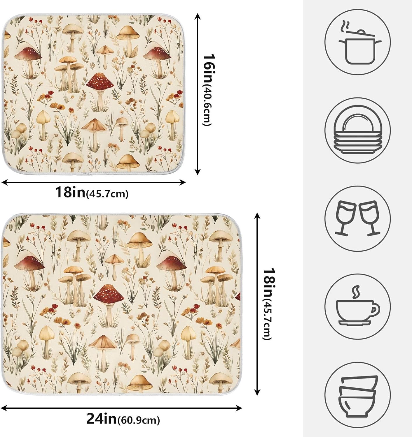 Mushroom Fall Forest Dish Drying Mats for Kitchen Counter, 18x24 inch Drying Dishes Absorbent Microfiber Dish Drainer Mat Rack Pad Fast Dry