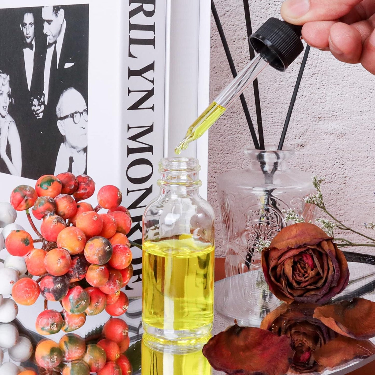 48 Pack 1oz Clear Glass Bottles with Glass Eye Droppers for Essential Oils, Perfumes & Lab Chemicals (Brush, Funnels, 2 Extra Droppers, 54 Pieces Labels & 30ml Measuring Cup Included)