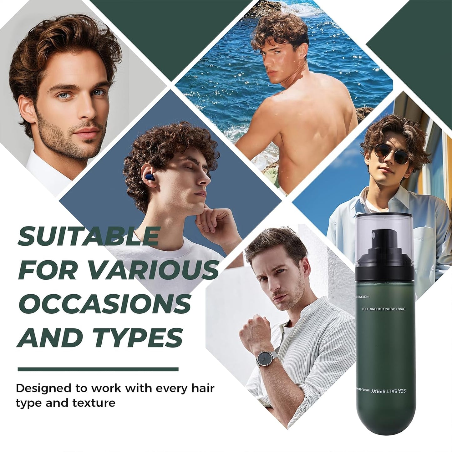 Sea Salt Spray for Men - Texturizing Spray for Beach Waves, Volume & Strong Hold - Non-Sticky, No White Residue with Sargassum Extract (100ml)