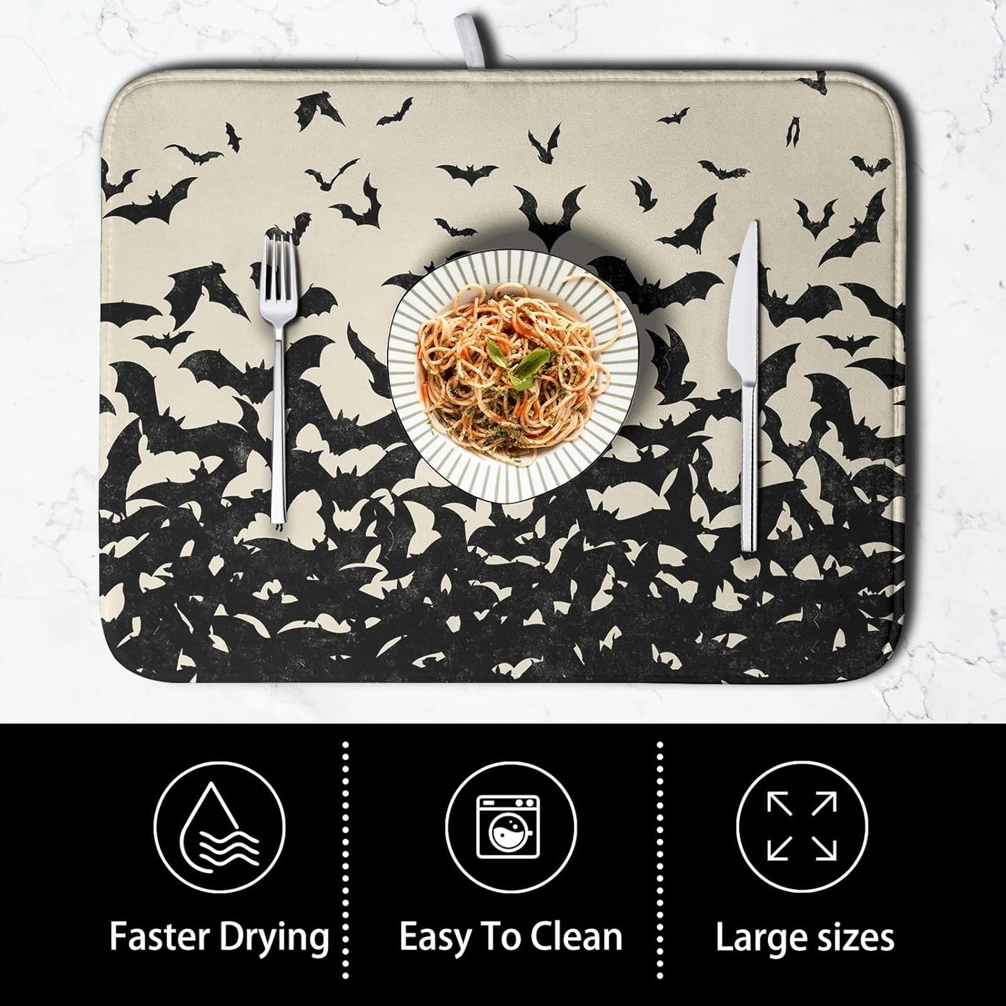 Halloween Bats Halloween Dish Drying Mat for Kitchen Counter 16x18 Inch Microfiber Absorbent Drying Mats Washable Dishes Drainer Mats Reusable Dish Rack Pad for Coffee Bar