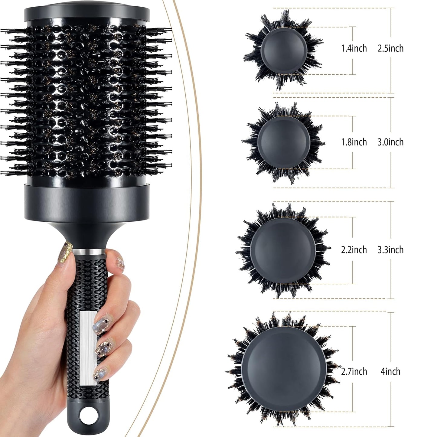 SIMPOR Large Round Brush for Blow Out, Nano Thermal Ceramic & Ionic Tech Round Barrel Hair Brush with Boar Bristles, Roller for Blow Drying (Black, 4 inch, Barrel 2.7 Inch, 65mm)