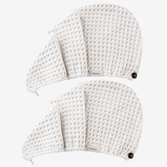 Hair Towel | 2 Pack, 100% Cotton Silk Hair-Drying Waffle Wrap Turban for Women, Ultra-Absorbent, Anti Frizz, Hair Damage Protection for Straight and Curly Hair (Shell White, 2 Pack)