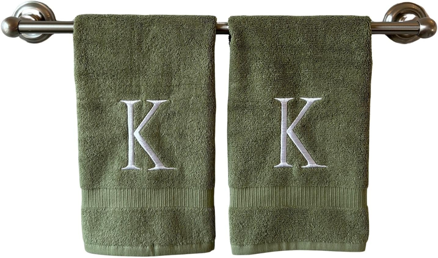 Sage Initial Hand Towel for Bathroom - Monogrammed Luxury Hotel Quality Decorative Embroidered Towel for Powder Room, Spa - GOTS Organic Certified - Set of 2 Letter K