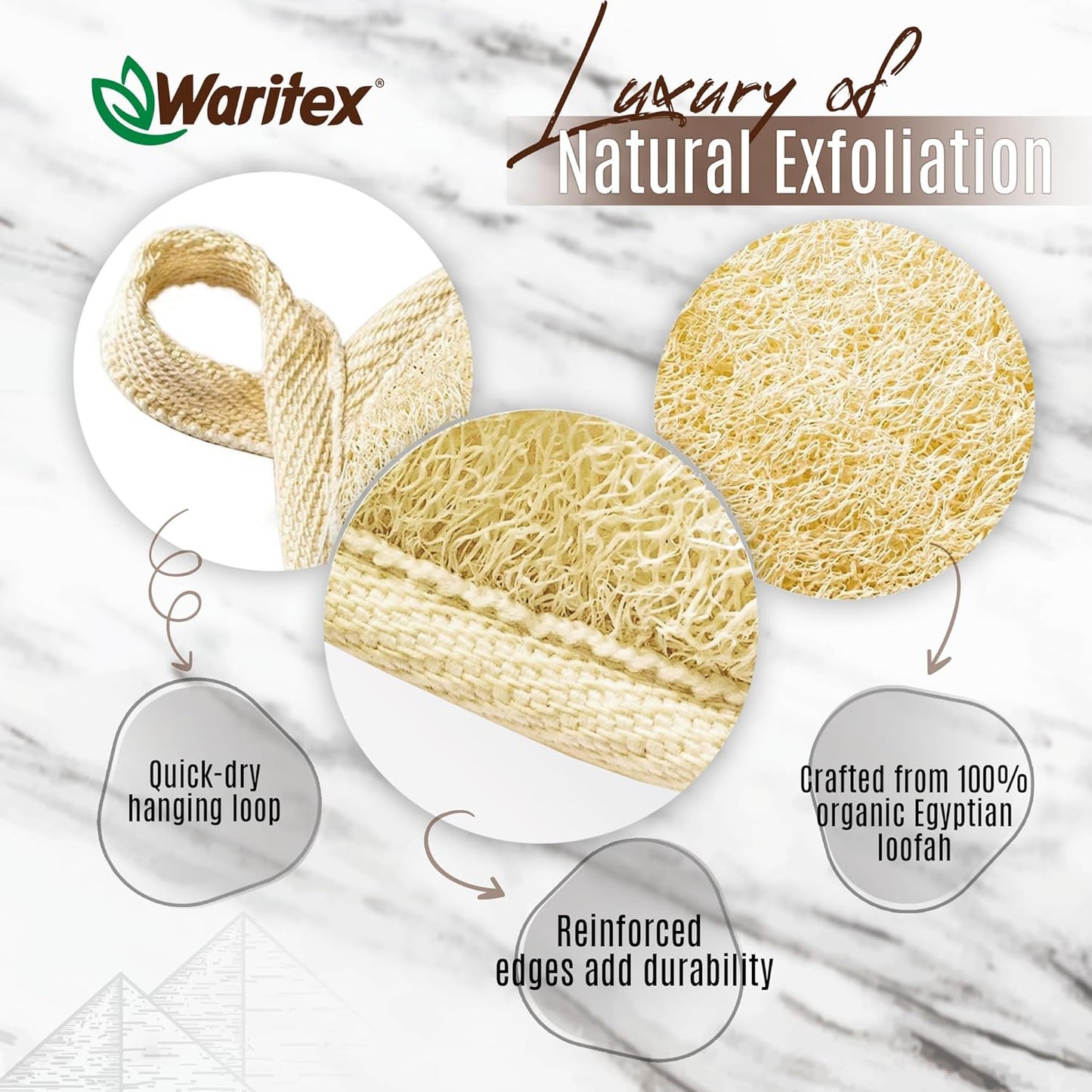 Waritex Egyptian Loofah Rectangular Body Scrubbers with Hand Strap, Exfoliating Bath Pads Made from Natural Egyptian Loofah Fibers, Gentle Deep Cleansing for Men and Women in Shower 2 Count (1 Pack)